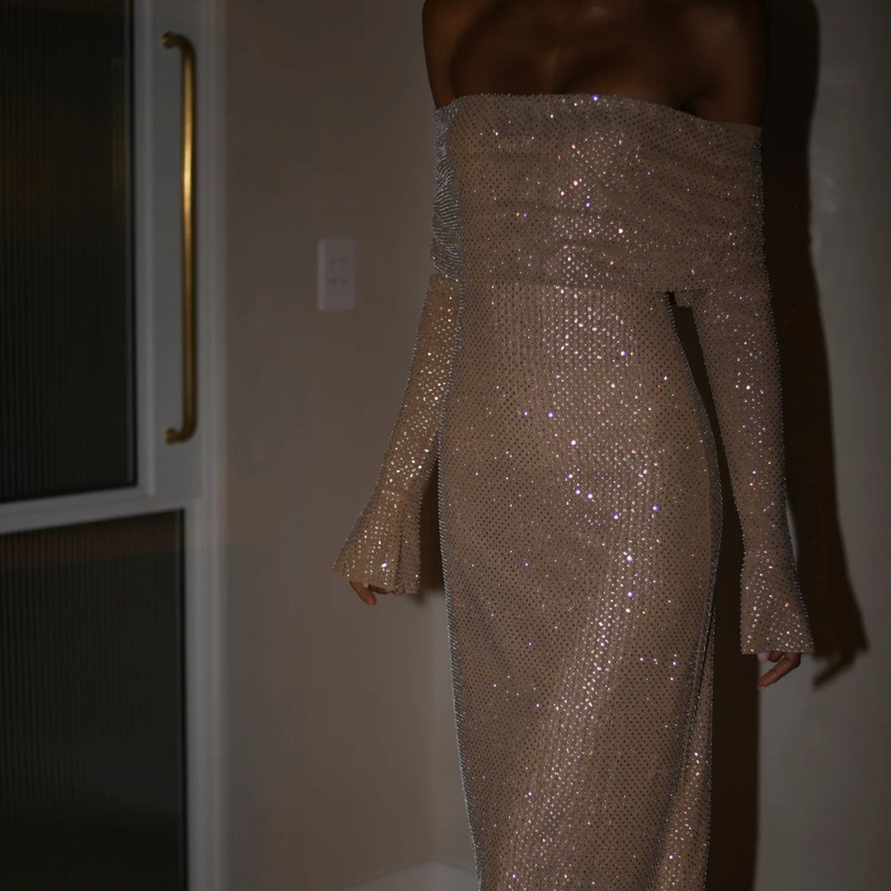 Meshki Marcel Off Shoulder Nude Gold Diamante Dress Small